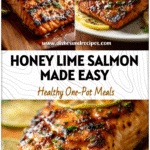 Honey lime grilled salmon fillet on a plate with lemon slices and herbs, a fresh Easy Grilled Salmon Meal.